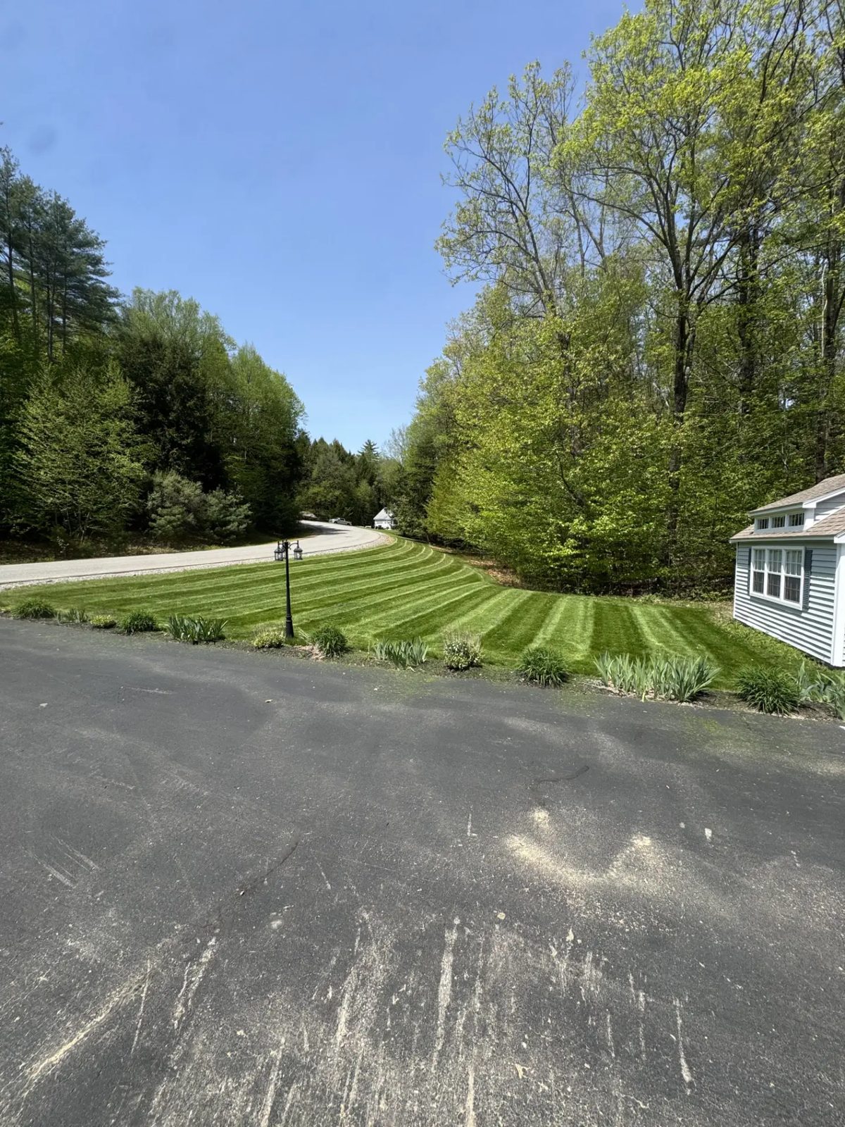 Freshly mowed striped lawn along a driveway lined with perennials