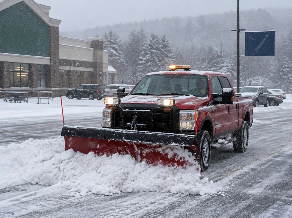 Plow truck clearing a commercial parking lot in a snowstorm